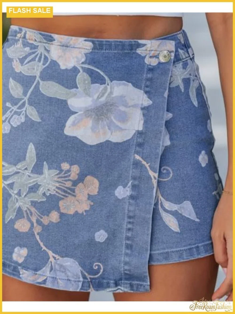 Women's Denim Skorts Faux Wrap Stretch High Waisted Floral Print Skort Shorts
